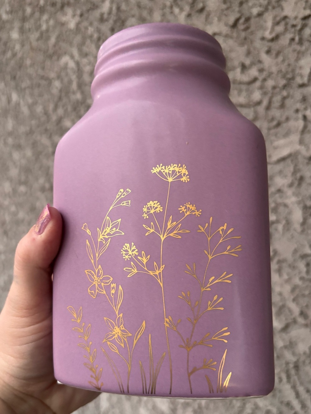 Decorative Lavender Purple Colored Mason Jar Vase with Gold Floral Designs